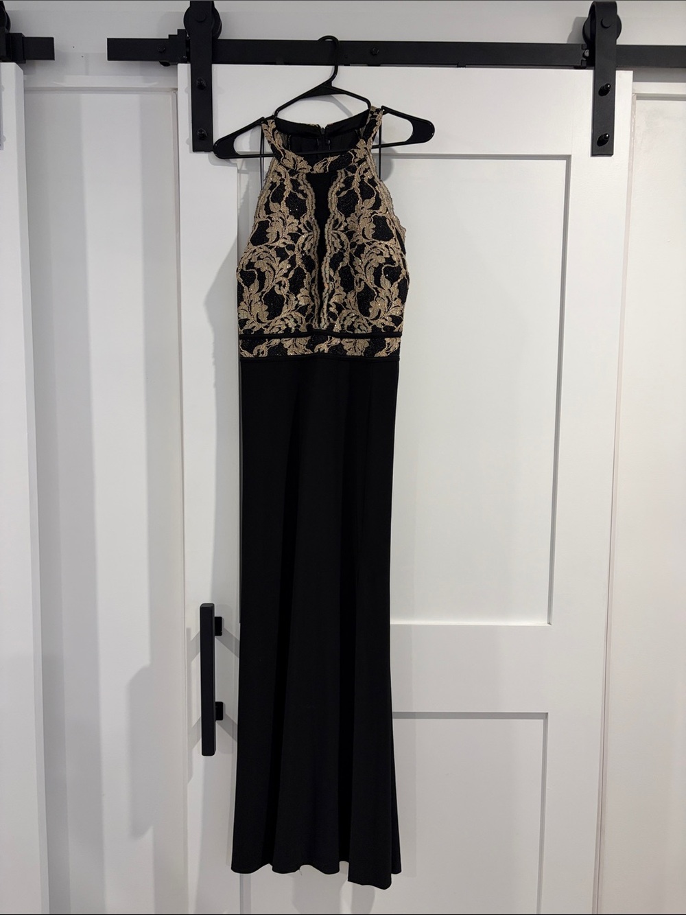 Morgan & Co. Black Maxi Dress with Gold Lace Bodice